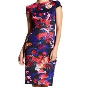 BETSEY JOHNSON Black Blue Multicolor Floral Cap Sleeve Sheath Dress Y2K - Sz 8